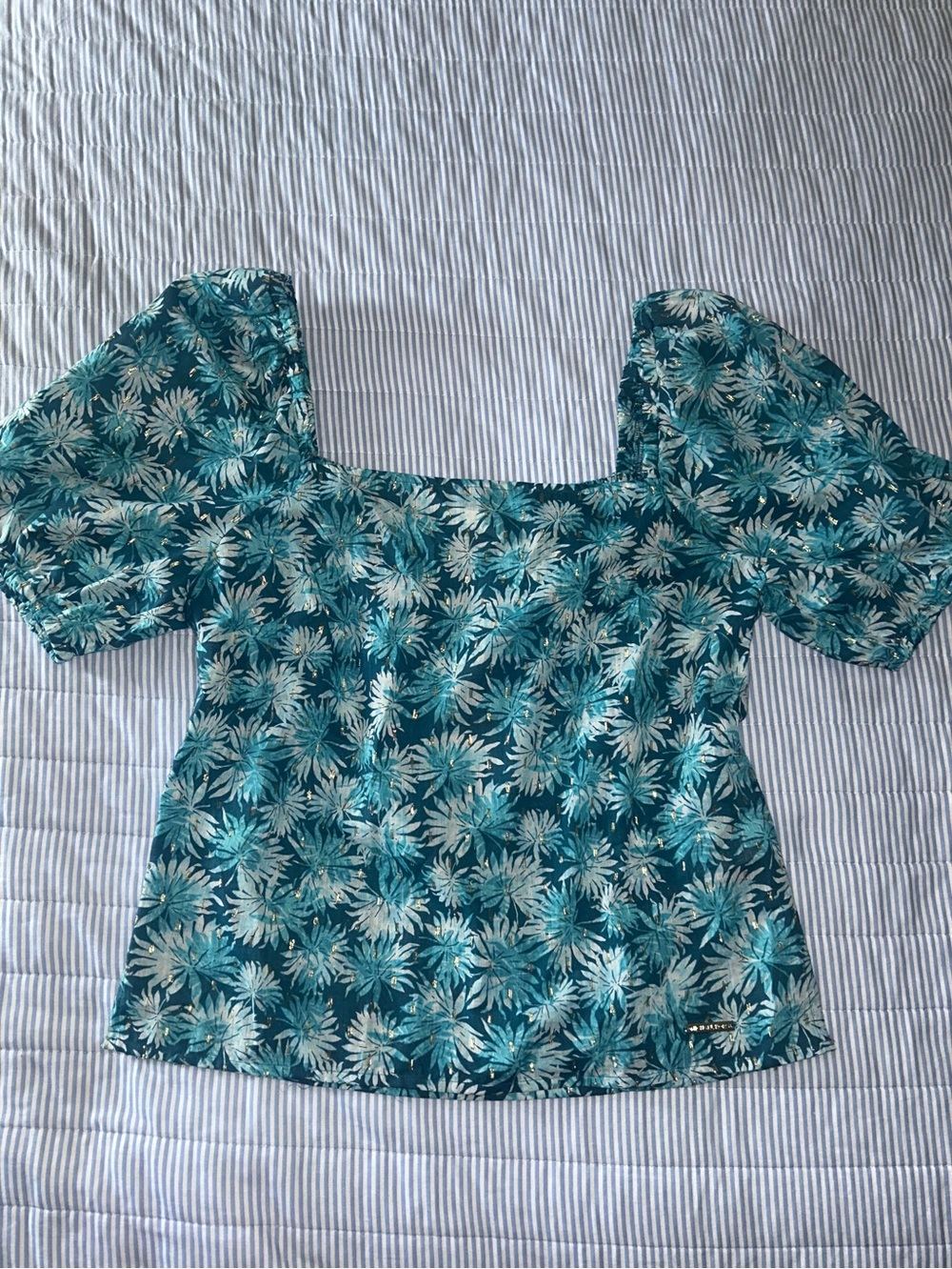 Michael Kors Teal & White Floral Square-Neck Puff Sleeve Top